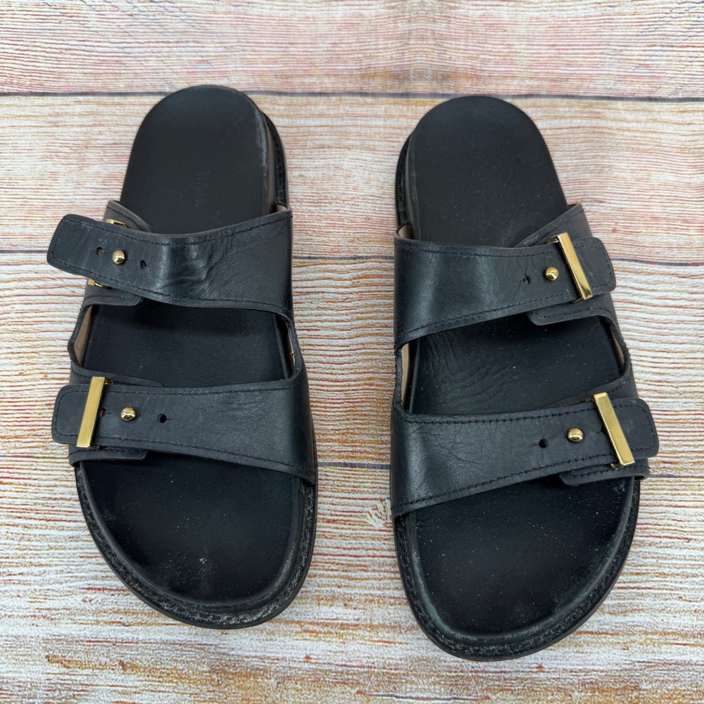 Cole Haan Marisol Footbed Sandals Black Leather Gold Buckle Slides‎ W31882 W 10 - Picture 3 of 8